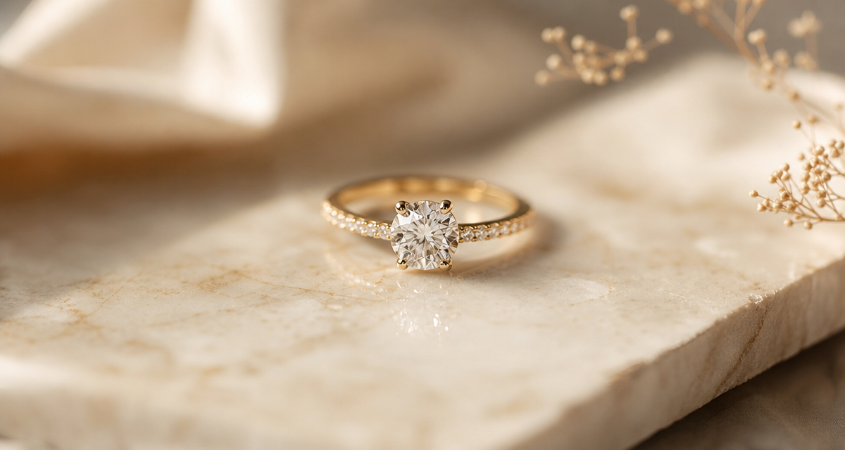 A delicate engagement ring on a warm marble surface, representing a meaningful, story-driven design.